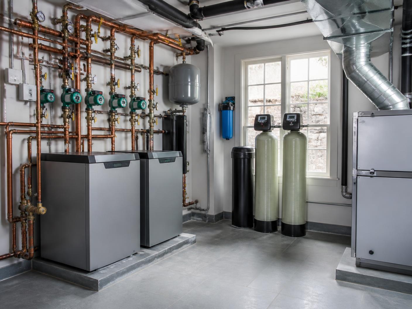 Organized mechanical room with residential heating and water systems